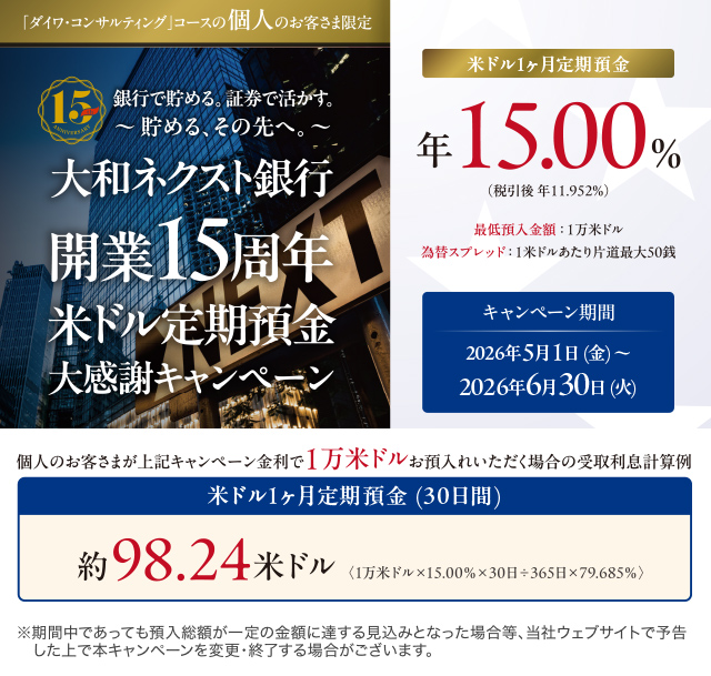 大和ネクスト銀行開業15周年 米ドル定期預金大感謝キャンペーン