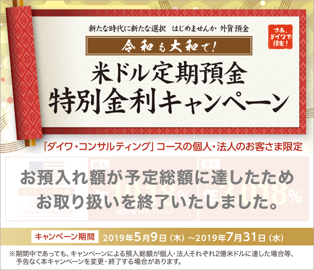 米ドル定期預金　特別金利キャンペーン　お預入れ額が予定総額に達したためお取り扱いを終了いたしました。