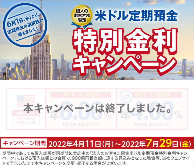 米ドル定期預金 特別金利キャンペーン　本キャンペーンは終了しました。