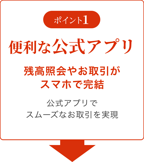 ポイント1 便利な公式アプリ 残高照会やお取引がスマホで完結 公式アプリでスムーズなお取引を実現