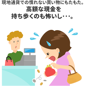 現地通貨での慣れない買い物にもたもた。高額な現金を持ち歩くのも怖いし…。