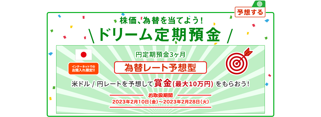 インターネットでのお預入れ限定!! 株価、為替を当てよう ! ドリーム定期預金 為替レート予想型 お取扱期間:2023年2月10日 (金) ～2023年2月28日 (火)