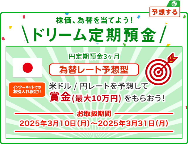 インターネットでのお預入れ限定!! 株価、為替を当てよう ! ドリーム定期預金 為替レート予想型 お取扱期間:2025年3月10日 (月) ～2025年3月31日 (月)