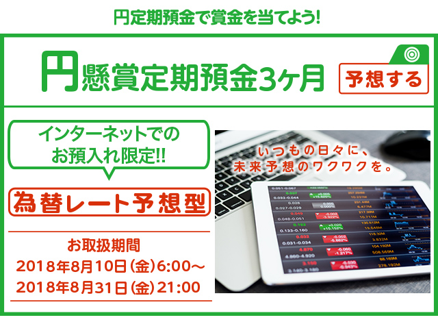 いつもの円定期預金に、楽しみをプラス ! インターネットでのお預入れ限定 ! ! 懸賞定期預金 為替レート予想型 お取扱期間:2018年8月10日 (金) 6:00～2018年8月31日 (金) 21:00