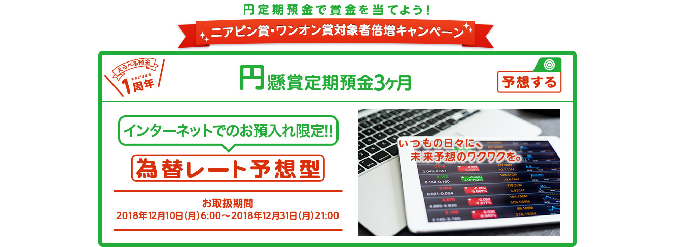 いつもの日々に、未来予想のワクワクを。インターネットでのお預入れ限定!! 円懸賞定期預金3ヶ月 為替レート予想型 お取扱期間:2018年12月10日 (月) 6:00～2018年12月31日 (月) 21:00