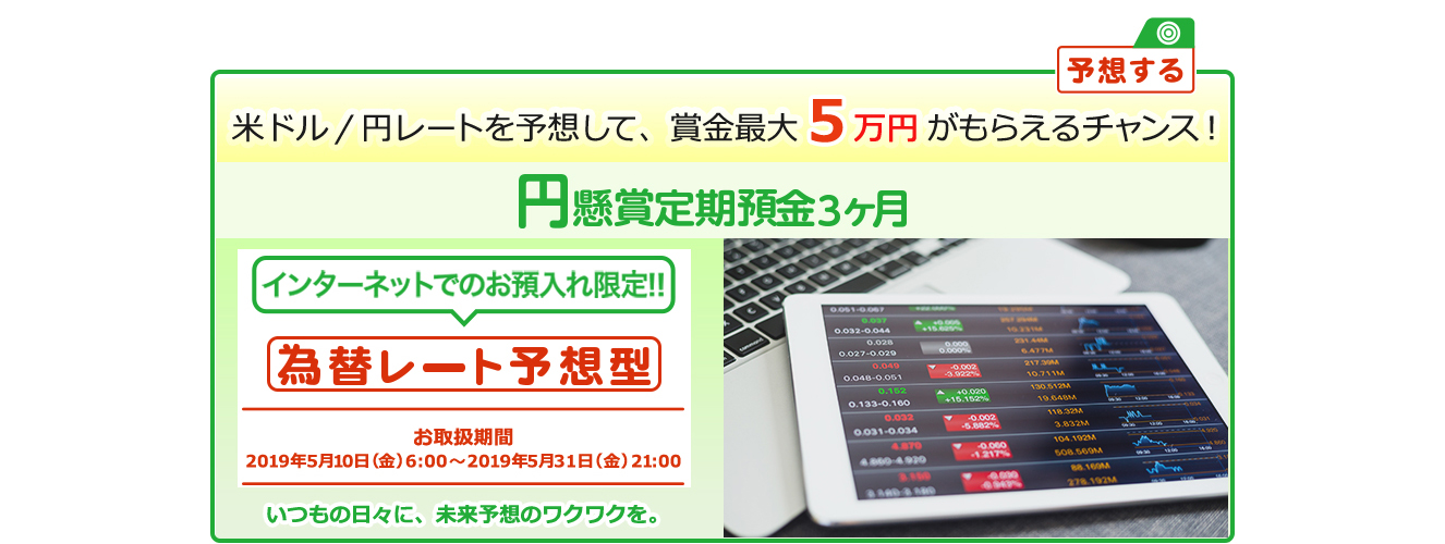 インターネットでのお預入れ限定!! 円懸賞定期預金3ヶ月 為替レート予想型 お取扱期間:2019年5月10日 (金) 6:00～2019年5月31日 (金) 21:00