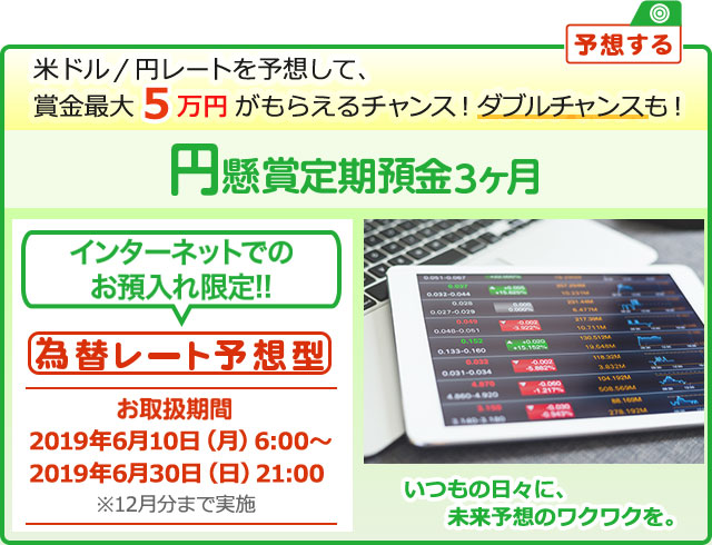 インターネットでのお預入れ限定!! 円懸賞定期預金3ヶ月 為替レート予想型 お取扱期間:2019年6月10日 (月) 6:00～2019年6月30日 (日) 21:00