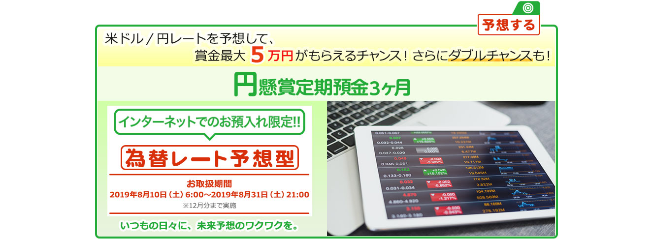 インターネットでのお預入れ限定!! 円懸賞定期預金3ヶ月 為替レート予想型 お取扱期間:2019年8月10日 (土) 6:00～2019年8月31日 (土) 21:00