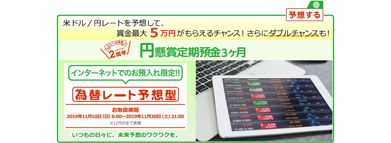 インターネットでのお預入れ限定!! 円懸賞定期預金3ヶ月 為替レート予想型 お取扱期間:2019年11月10日 (日) 6:00～2019年11月30日 (土) 21:00