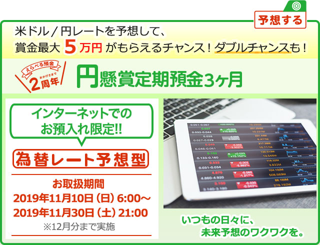 インターネットでのお預入れ限定!! 円懸賞定期預金3ヶ月 為替レート予想型 お取扱期間:2019年11月10日 (日) 6:00～2019年11月30日 (土) 21:00