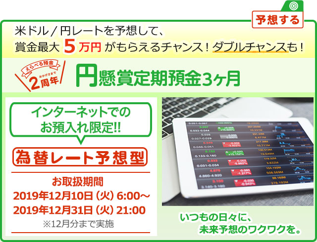 インターネットでのお預入れ限定!! 円懸賞定期預金3ヶ月 為替レート予想型 お取扱期間:2019年12月10日 (火) 6:00～2019年12月31日 (火) 21:00