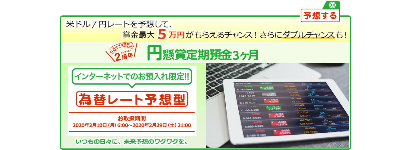 インターネットでのお預入れ限定!! 円懸賞定期預金3ヶ月 為替レート予想型 お取扱期間:2020年2月10日 (月) 6:00～2020年2月29日 (土) 21:00