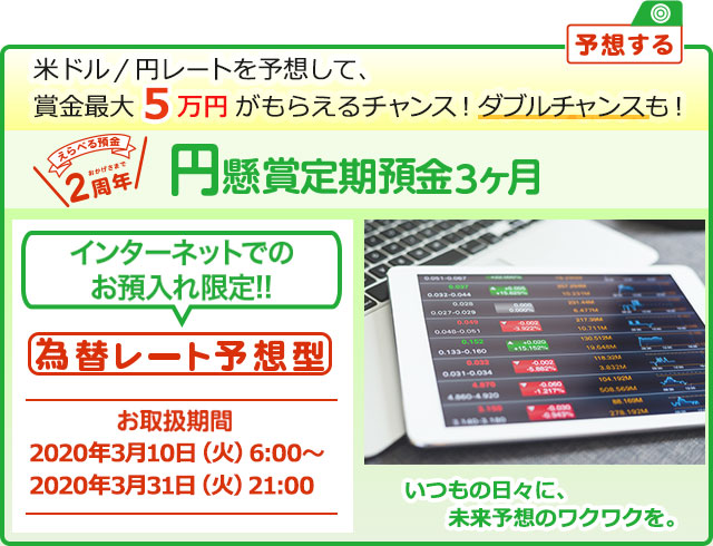 インターネットでのお預入れ限定!! 円懸賞定期預金3ヶ月 為替レート予想型 お取扱期間:2020年3月10日 (火) 6:00～2020年3月31日 (火) 21:00