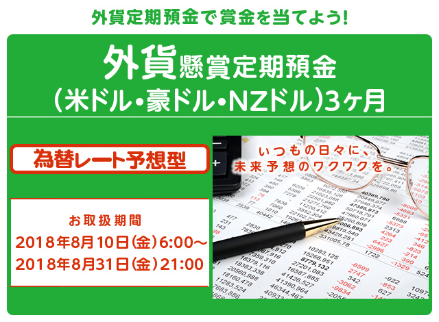 いつもの外貨定期預金に、楽しみをプラス！懸賞定期預金 為替レート予想型 お取扱期間：2018年8月10日 (金) 6:00～2018年8月31日 (金) 21:00