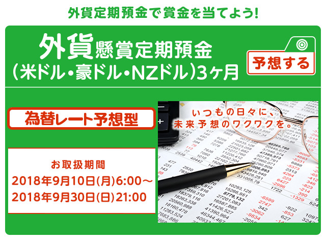 いつもの外貨定期預金に、楽しみをプラス ! 懸賞定期預金 為替レート予想型 お取扱期間:2018年9月10日 (月) 6:00～2018年9月30日 (日) 21:00