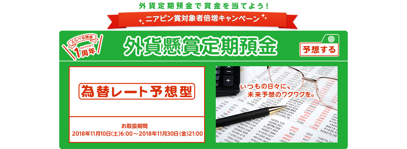 いつもの外貨定期預金に、楽しみをプラス ! 懸賞定期預金 為替レート予想型 お取扱期間：2018年11月10日 (土) 6:00～2018年11月30日 (金) 21:00