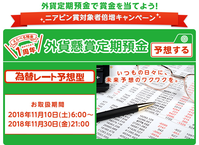 いつもの外貨定期預金に、楽しみをプラス ! 懸賞定期預金 為替レート予想型 お取扱期間：2018年11月10日 (土) 6:00～2018年11月30日 (金) 21:00