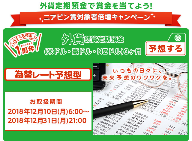 いつもの日々に、未来予想のワクワクを。 懸賞定期預金 為替レート予想型 お取扱期間：2018年12月10日 (月) 6:00～2018年12月31日 (月) 21:00