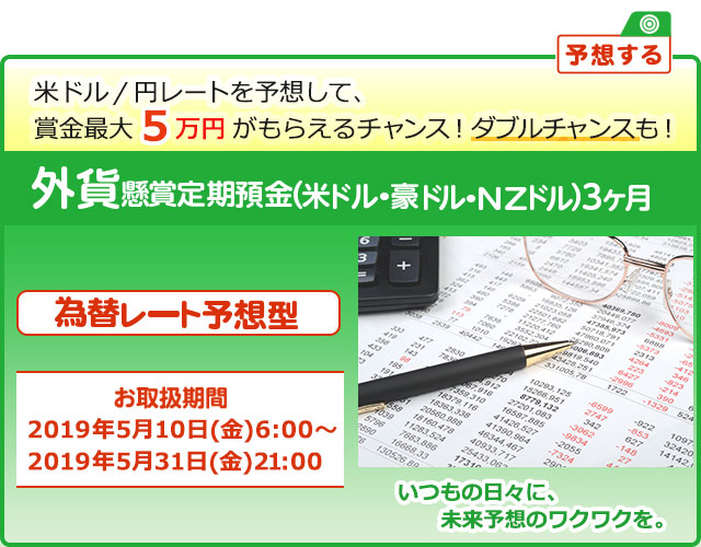 懸賞定期預金 為替レート予想型 お取扱期間：2019年5月10日 (金) 6:00～2019年5月31日 (金) 21:00