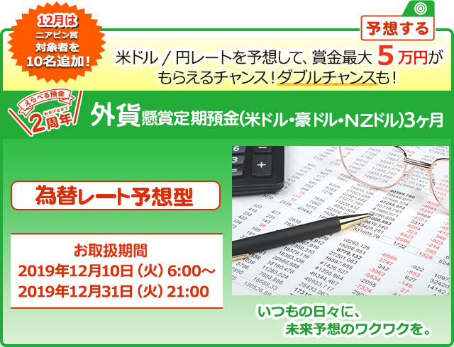 懸賞定期預金 為替レート予想型 お取扱期間：2019年12月10日 (火) 6:00～2019年12月31日 (火) 21:00