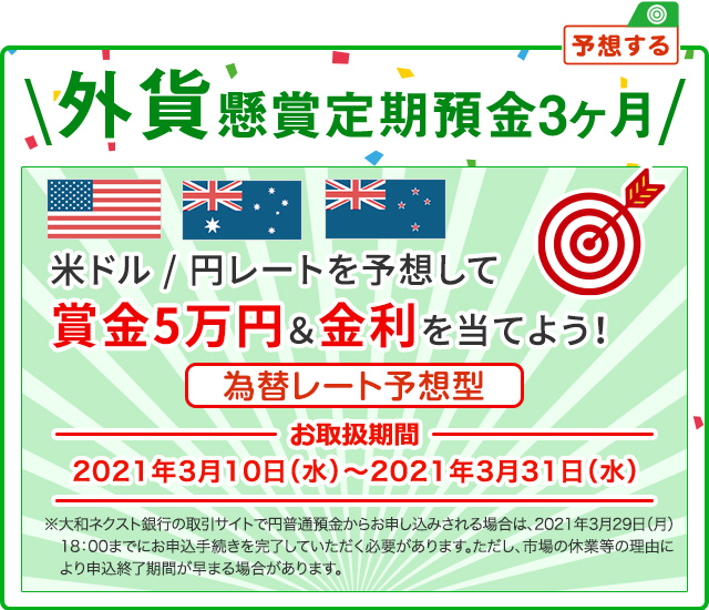 外貨懸賞定期預金3ヶ月 米ドル / 円レートを予想して賞金5万円&金利を当てよう 為替レート予想型 お取扱期間：2021年3月10日 (水) ～2021年3月31日 (水) ※大和ネクスト銀行の取引サイトで円普通預金からお申し込みされる場合は、2021年3月29日 (月) 18:00までにお申込手続を完了していただく必要があります。ただし、市場の休業等の理由により申込終了時期が早まる場合があります。