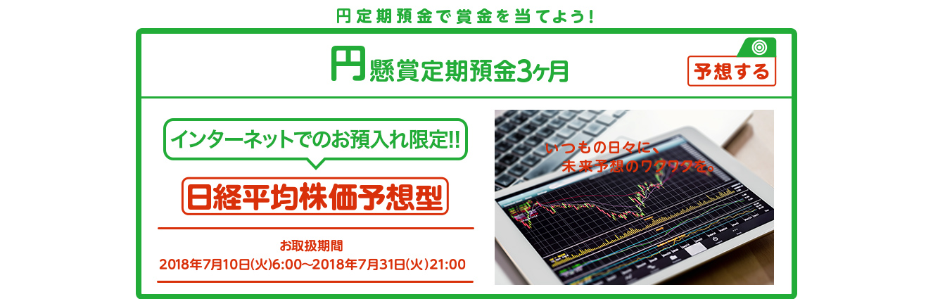 円定期預金で賞金を当てよう ! いつもの日々に未来予想のワクワクを。インターネットでのお預入れ限定 懸賞定期預金 日経平均株価予想型 お取扱期間:2018年7月10日 (火) 6時～2018年7月31日 (火) 21:00