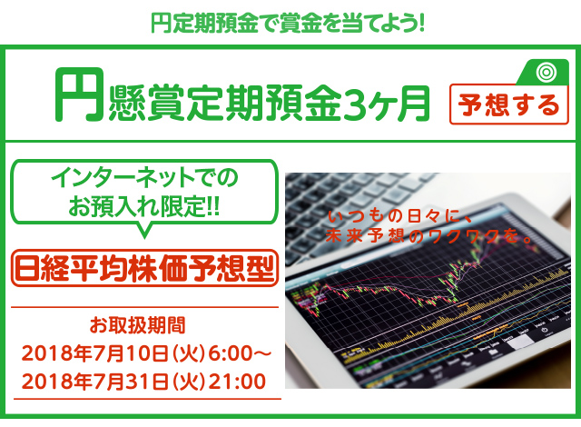 円定期預金で賞金を当てよう ! いつもの日々に未来予想のワクワクを。インターネットでのお預入れ限定 懸賞定期預金 日経平均株価予想型 お取扱期間:2018年7月10日 (火) 6時～2018年7月31日 (火) 21:00