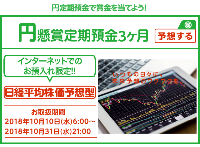 円定期預金で賞金を当てよう ! いつもの日々に未来予想のワクワクを。インターネットでのお預入れ限定 懸賞定期預金 日経平均株価予想型 お取扱期間:2018年10月10日 (水) 6時～2018年10月31日 (水) 21:00