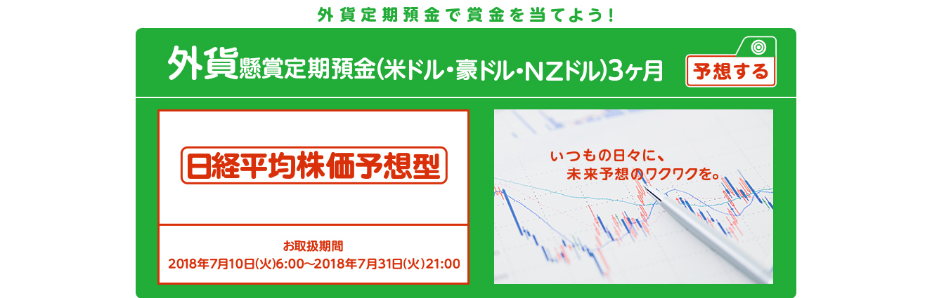 外貨定期預金で賞金を当てよう ! いつもの日々に未来予想のワクワクを。懸賞定期預金 日経平均株価予想型 お取扱期間:2018年7月10日 (火) 6:00～2018年7月31日 (火) 21:00