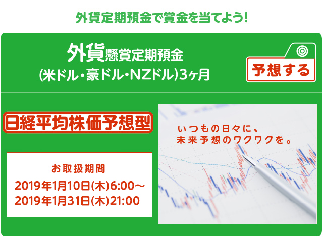 外貨定期預金で賞金を当てよう ! いつもの日々に未来予想のワクワクを。懸賞定期預金 日経平均株価予想型 お取扱期間:2019年1月10日 (木) 6:00～2019年1月31日 (木) 21:00