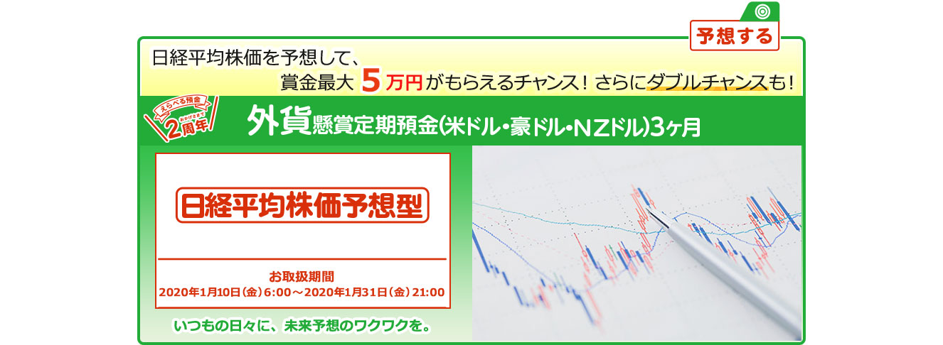 外貨定期預金で賞金を当てよう ! いつもの日々に未来予想のワクワクを。懸賞定期預金 日経平均株価予想型 お取扱期間:2020年1月10日 (金) 6:00～2020年1月31日 (金) 21:00