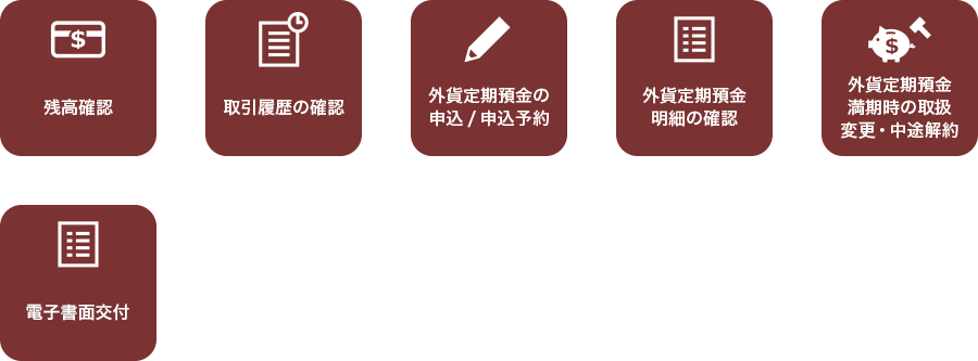 残高確認,取引履歴の確認,外貨定期預金の申込 / 申込予約,外貨定期預金明細の確認,外貨定期預金満期時の取扱変更・中途解約,電子書面交付