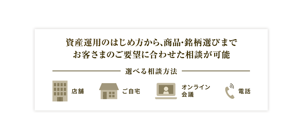 資産運用のはじめ方から、商品・銘柄選びまでお客さまのご要望に合わせた相談が可能 選べる相談方法 店舗 ご自宅 オンライン会議 電話