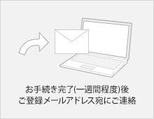 お手続き完了 (一週間程度) 後、ご登録メールアドレス宛にご連絡。