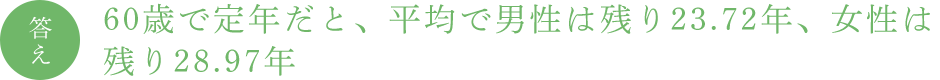 答え 60歳で定年だと、平均で男性は残り23.72年、女性は残り28.97年